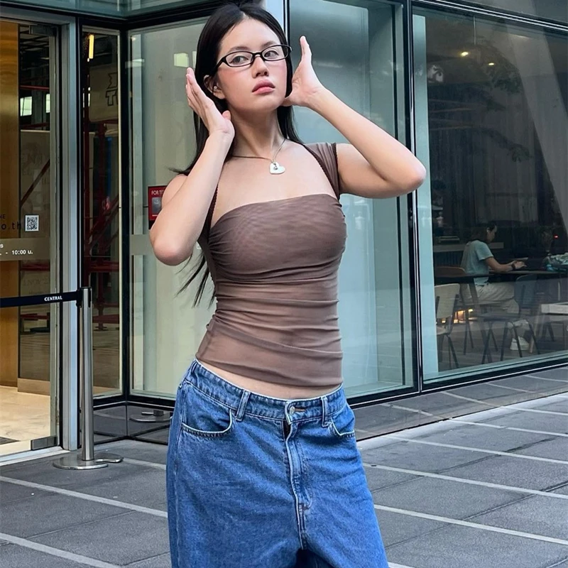 

Xeemilo Sexy Tight Top 2024 Summer New Y2K Aesthetic Gauze Crop Tops Design Square Neck Tank Top High Street Nightclub Women's