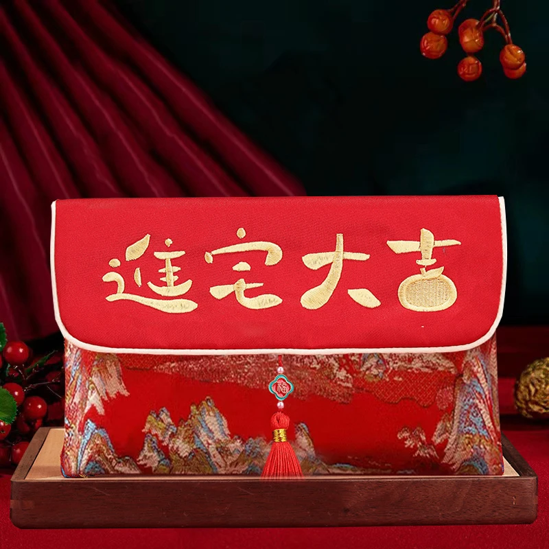 1Pcs Chinese Style Red Envelope Embroidered Brocade with Blessing Words Red Pocket Tassel Design Lucky Money Bag Housewarming