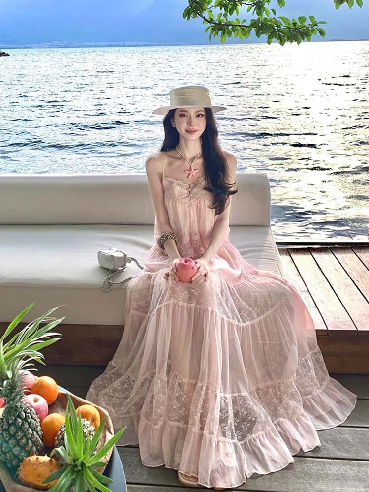 Sexy Sweet 2 piece set for women 2026 Summer Pink lace patchwork camisole V-neck crop tops and long skirt Beach Club INKEO 6D094 view 4