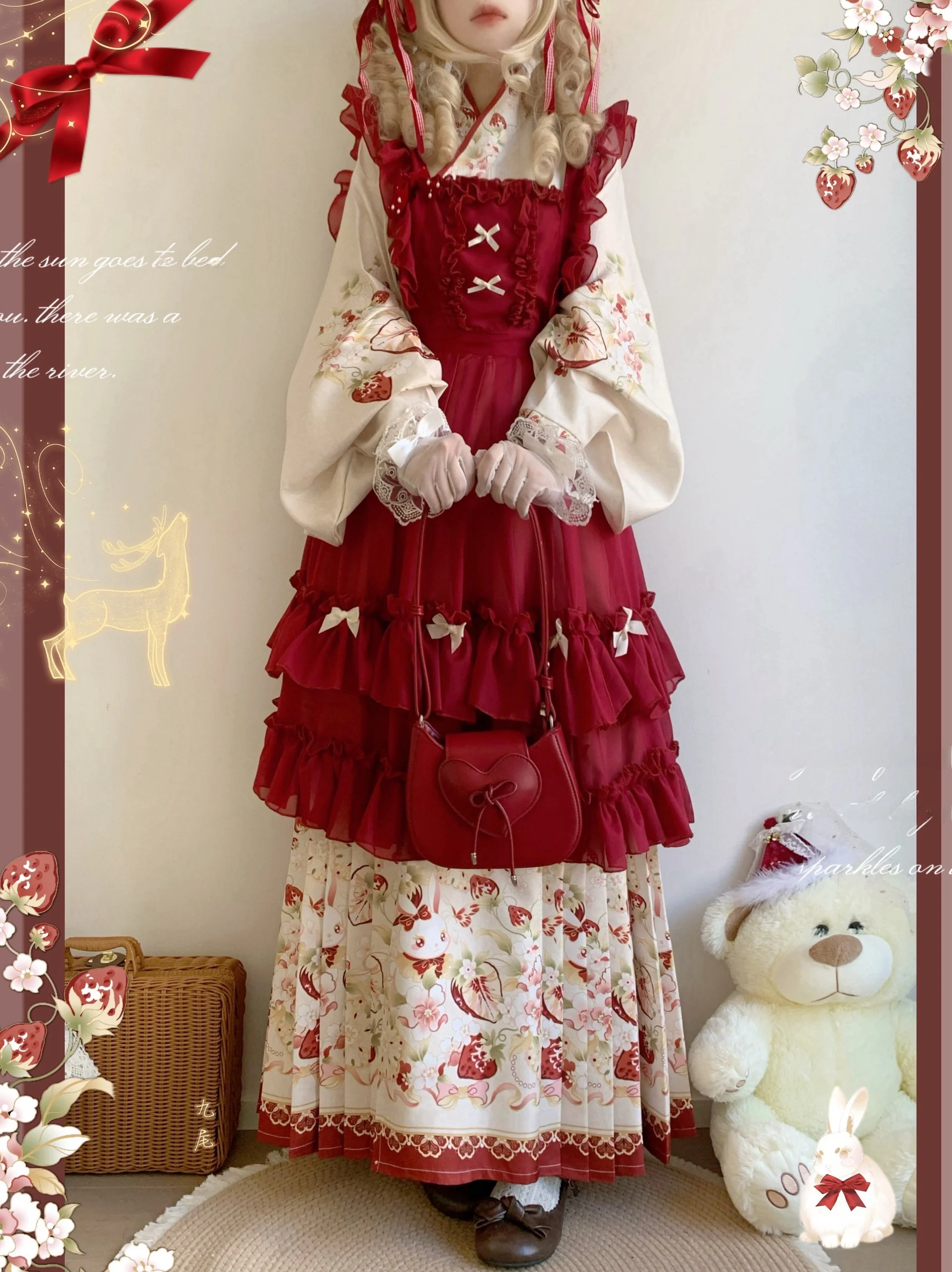 

Original Hanfu Women's Long Sleeve Set with Face Skirt And Lolita over Skirt Traditional Chinese Ethnic Style