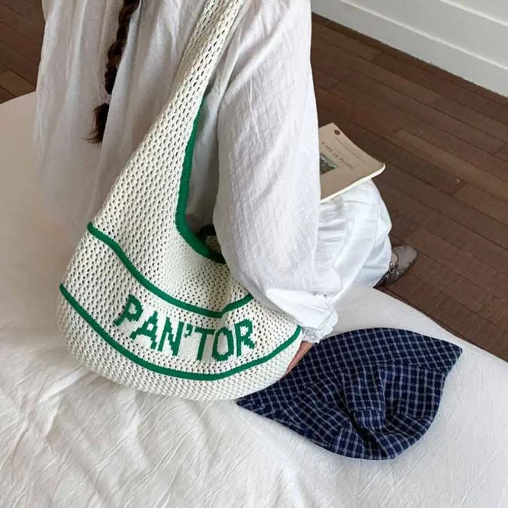 

Solid Color Knitting Shoulder Bag Inner Bag Korean Style Crochet Tote Bag Versatile Hollow Out Casual Woven Handbag Travel