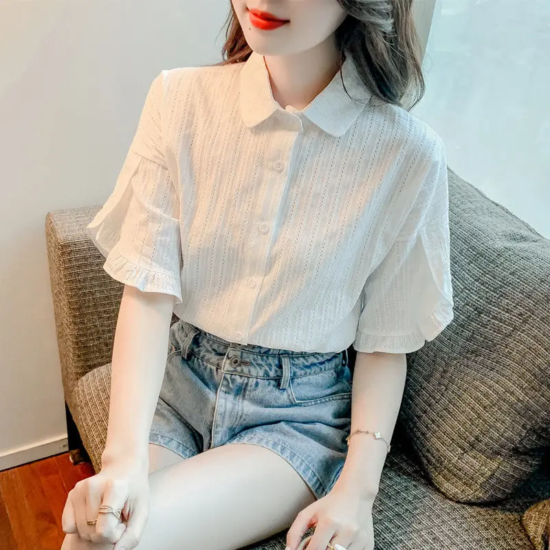 Women\'s 2024 Summer Turndown Collar Blouses Patchwork Button Screw Thread Solid Color All Match Slim Fit Short Sleeved Shirts