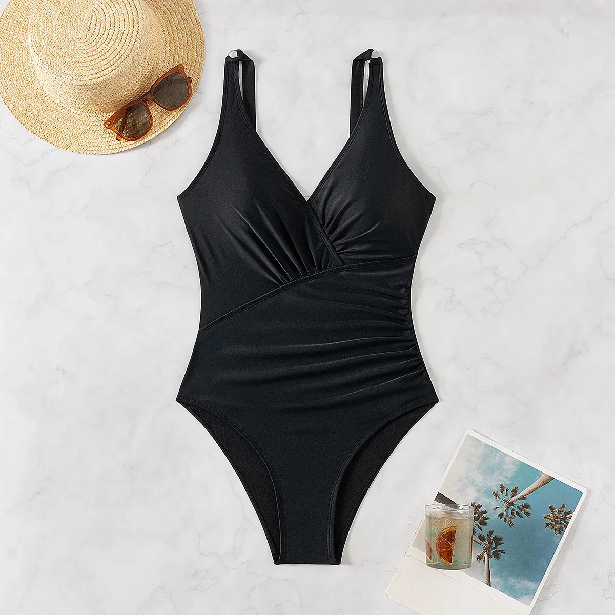 Traje de baño bikini de una pieza de cintura alta sexy fino arrugado de color sólido europeo para mujer