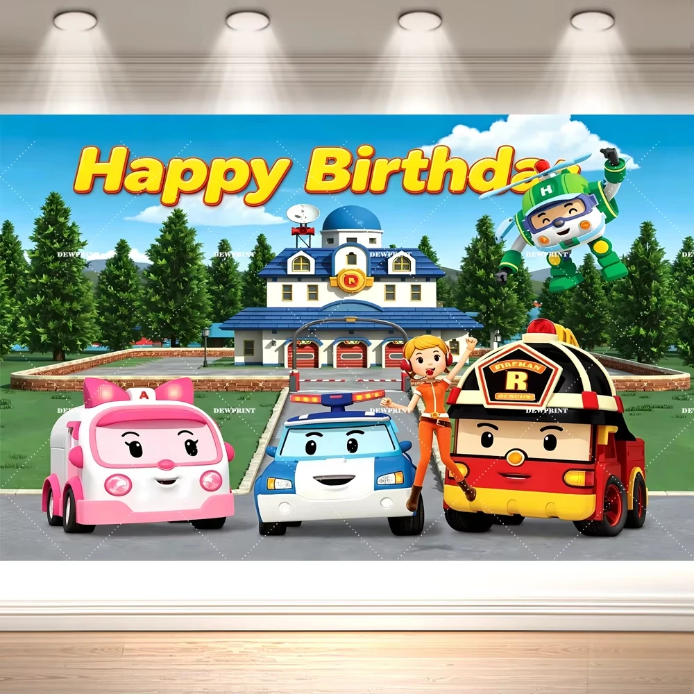 Cartoon Rescue Car Birthday Backdrop Background Firetruck Ambulance Helicopter Traffic Safety Kids Balloon Cake Photo Booth Hd