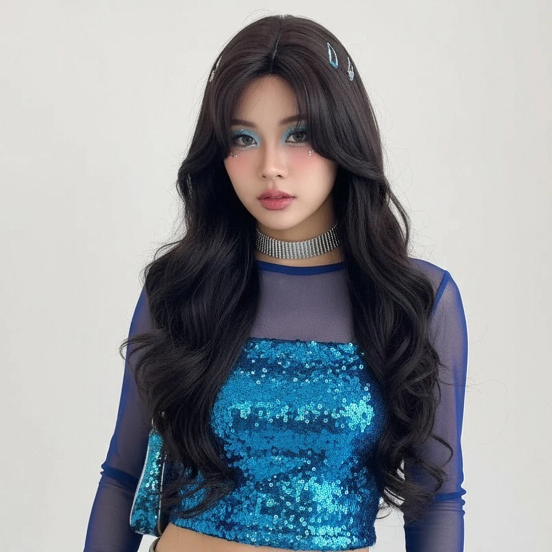 

Длинные черные синтетические волнистые женские парики с челкой, пушистый термостойкий парик Лолиты для косплея для повседневной вечеринки