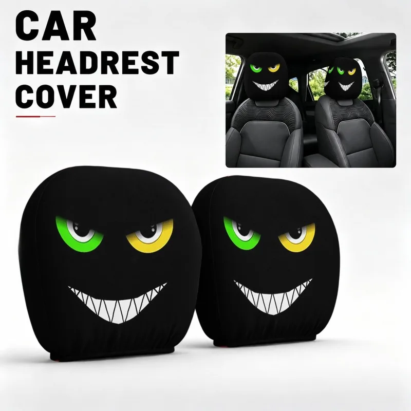 Heterochromatic Pupil Fangs Car Headrest Cover 2 Pieces Washable Car Holiday Atmosphere Car Headrest Cover