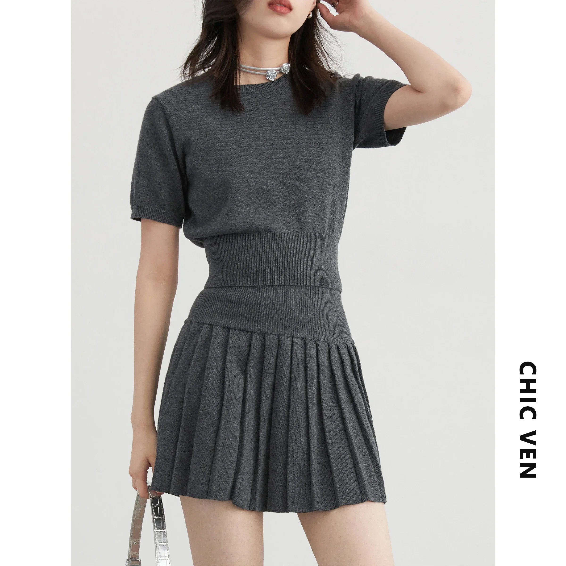 CHIC VEN Women gonna set Cardigan lavorato a maglia solido Top a maniche corte gonna a pieghe femminile tre pezzi opzionale primavera autunno 2024