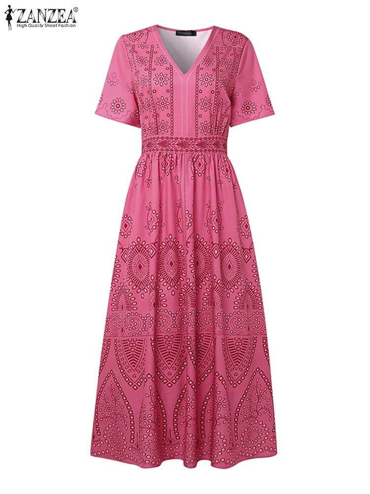 ZANZEA élégant Robe Maxi femmes à manches courtes imprimé bohème longues robes 2025 mode été col en v vacances fête Robe décontractée