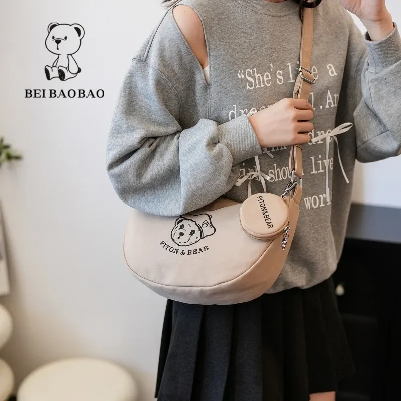 Beibaobao Single Shoulder Armpit Bag with Coin Purse Cartoon Bear Printed Tote Bag for Women 2024 New Casual Crossbody Bags