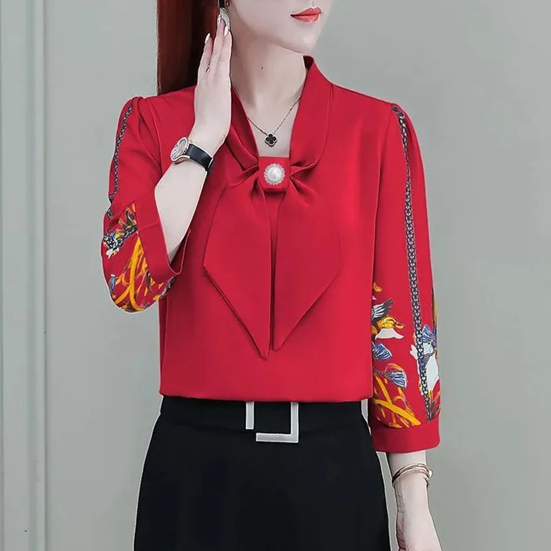 Korean Fashion Elegant Chic Beaded Bow Print Slim Top Blouse Women Spring Summer Casual Half Sleeve Shirts Blusas Mujer Clothing