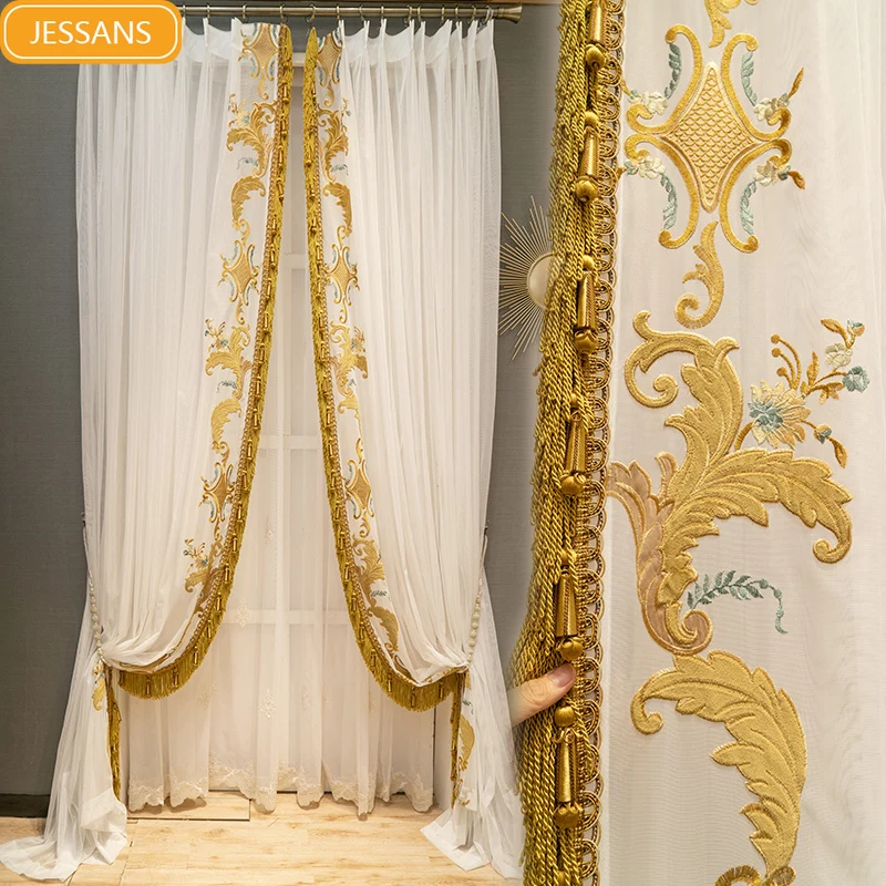 

High Grade White Gauze Gold Embroidered Empty Curtains for Living Room Bedroom French Window Villa Customized Finished Products