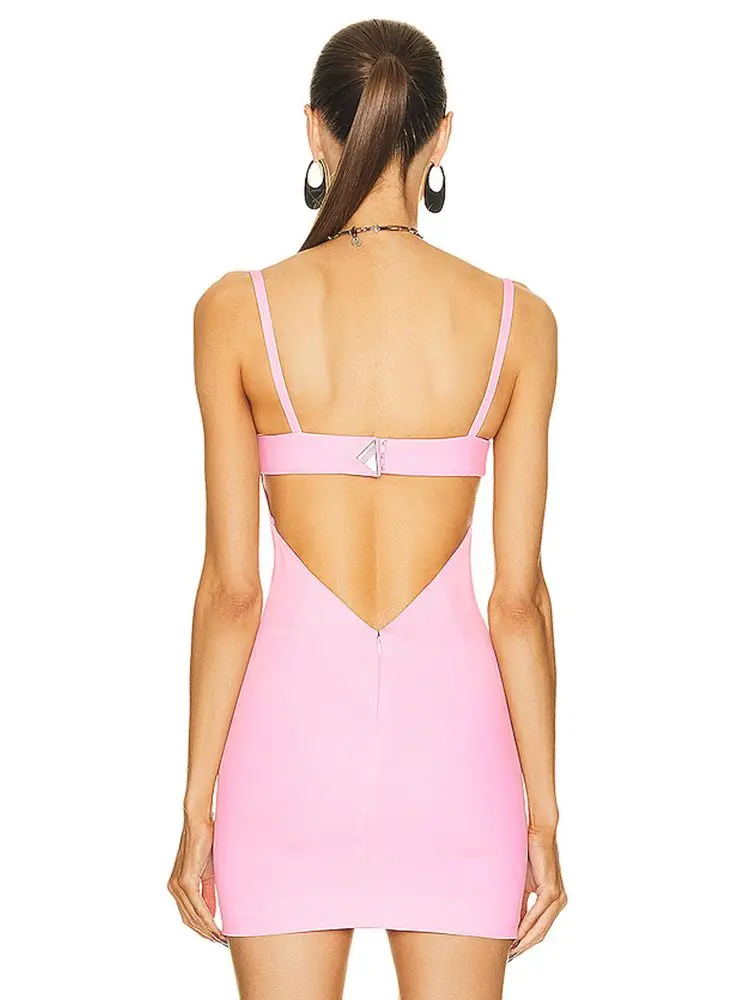 Imagem -03 - New Summer Fashion Mulheres Sexy v Neck Backless Pink Mini Bandage Dress 2023 Vestidos de Festa Elegante Evening Club