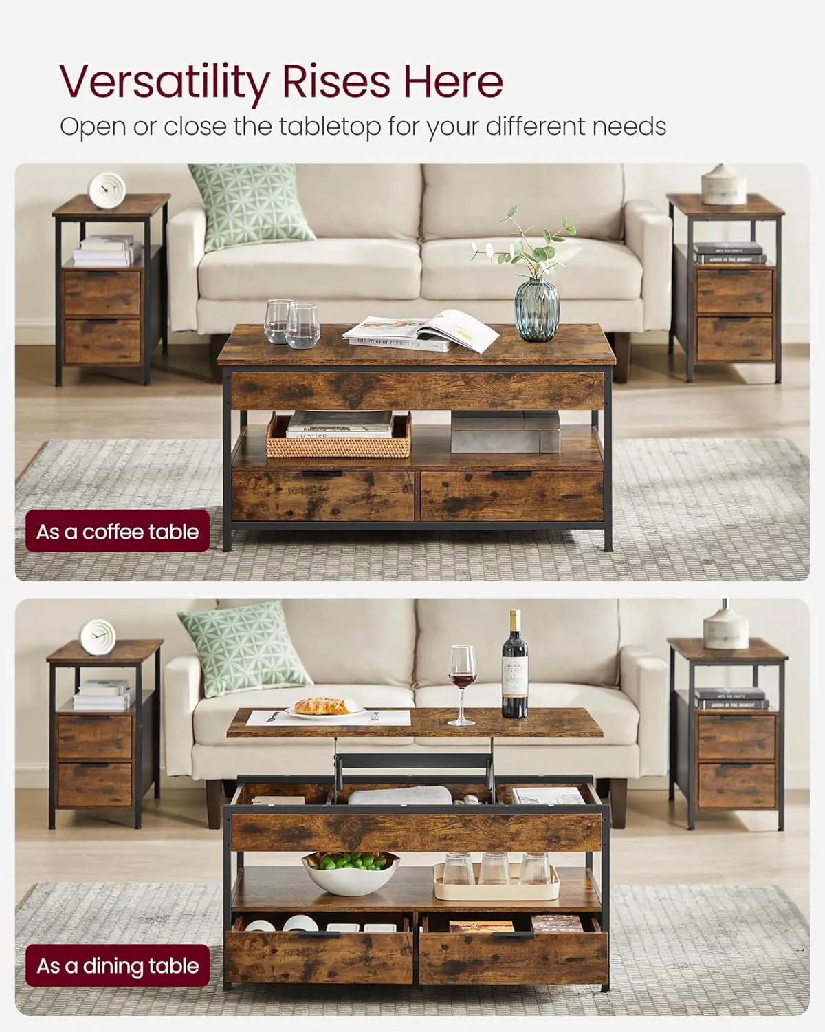 Lift Top Coffee Table With Storage Drawers, Coffee Table For Living Room With Lifting Top, Hidden Compartments And Open Shelf