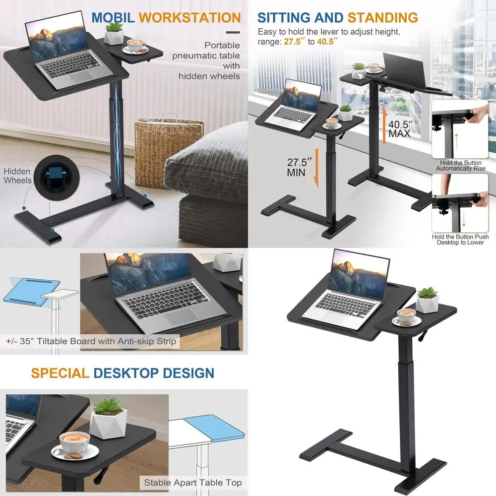 Мобильный столик из орехового дерева с пневматическим наклоном, столом для ноутбука и скрытыми колесами (черный)