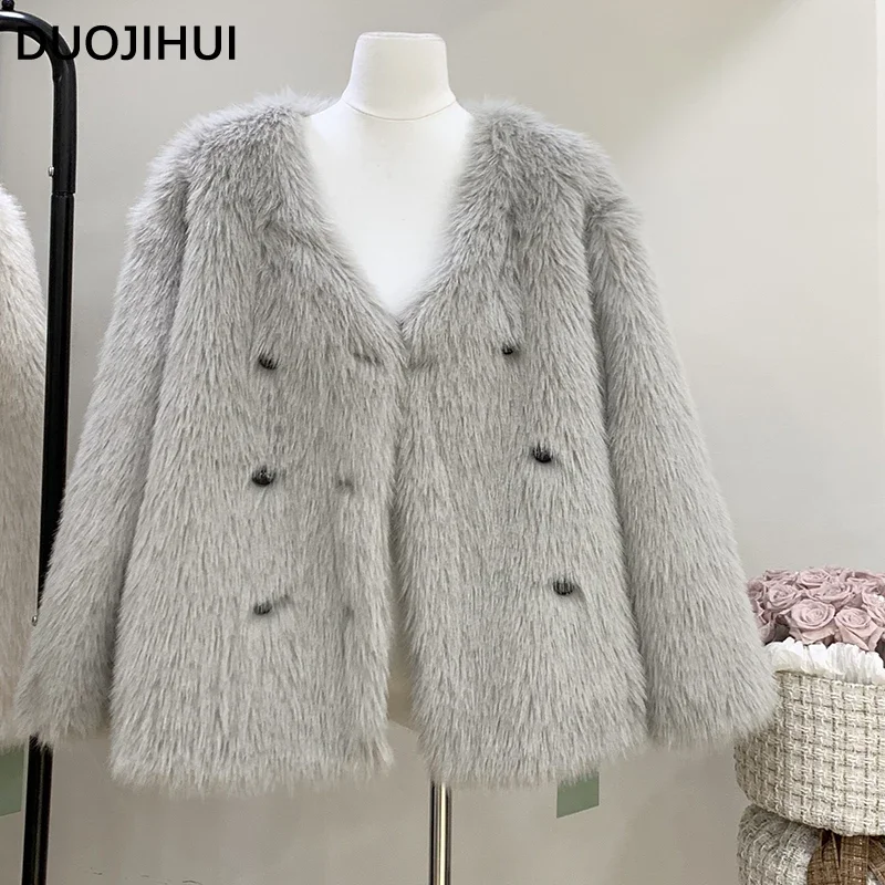 DUOJIHUI-Loose Faux Fur V-Neck para Women, Classic, Double Breasted, Female Fashion, Simple Long Sleeves, Casual e Basic, Winter, New