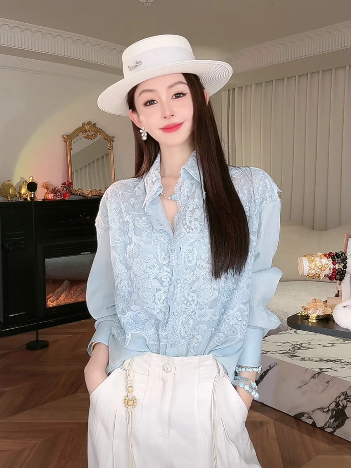 

Свободная текстурированная блузка с вышивкой и аппликацией Yuxiao Xiang, осенняя модная женская одежда премиум-класса в европейском стиле, синяя, Drea...