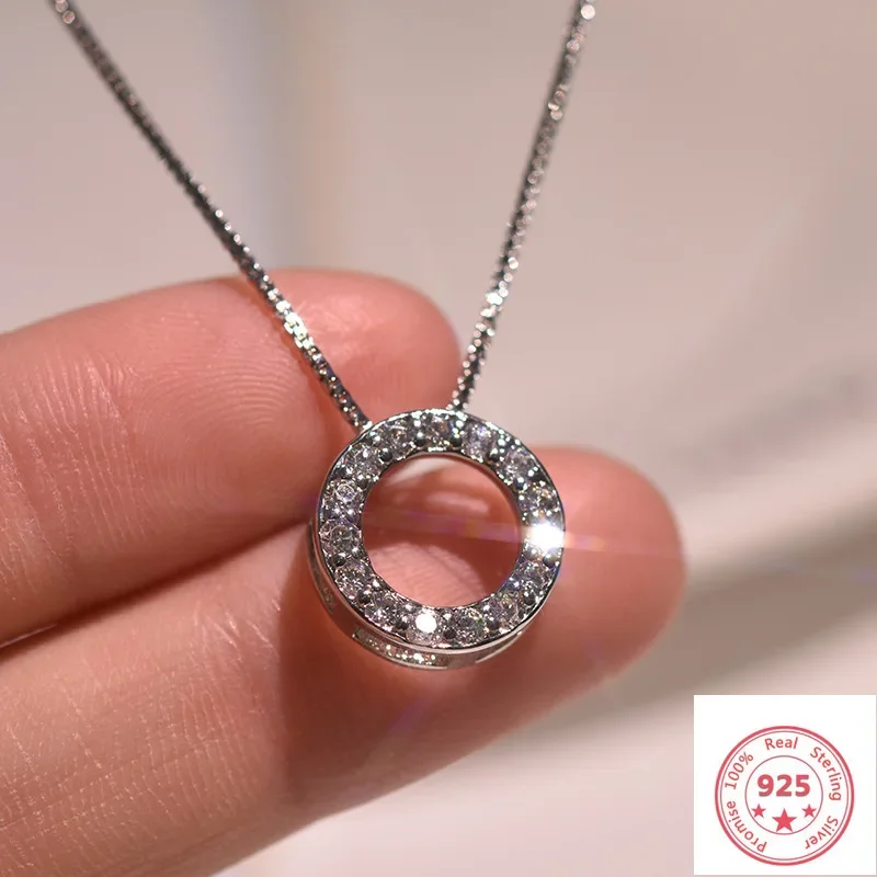 

925 Silver Color Necklace Pendant Jewelry for Women Full Diamond Circle Pendant Luxury Pierscionki 925 Silver Color Necklace