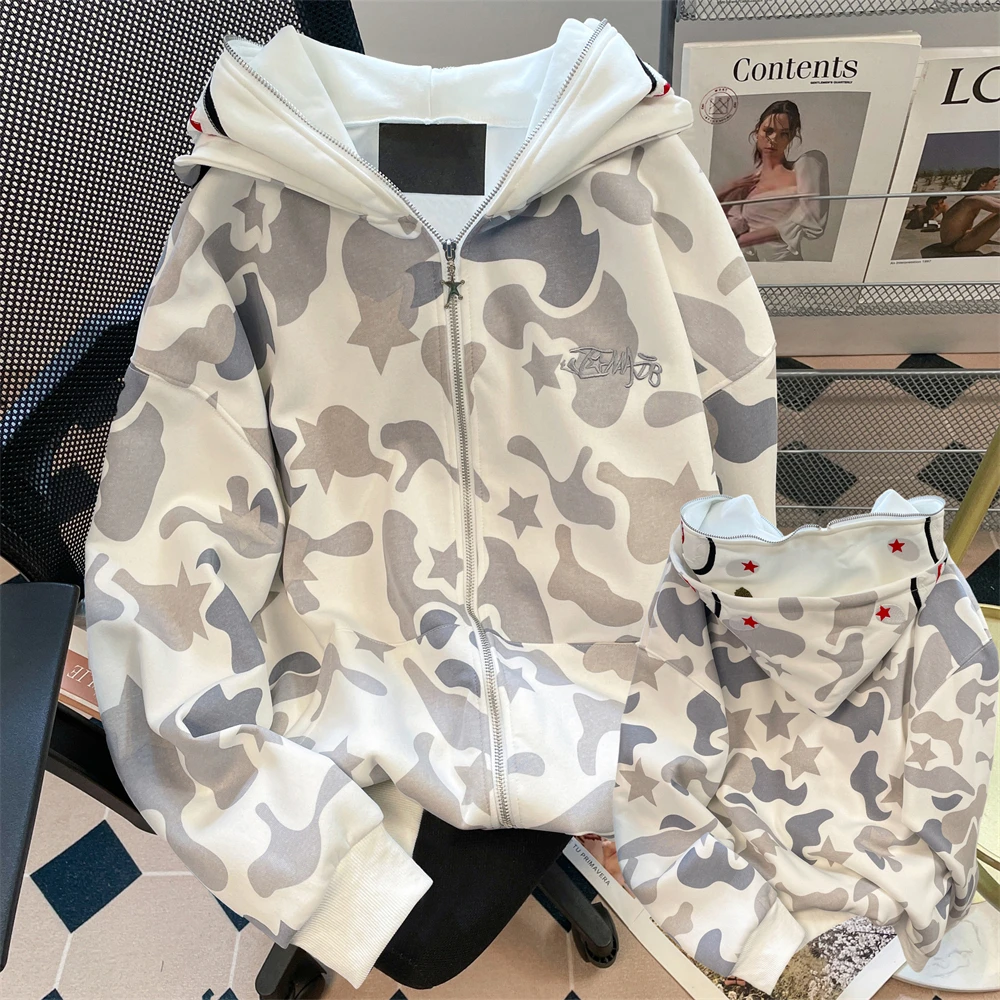 

Американский ретро-кардиган с двойным капюшоном, камуфляжный, женский, весна-осень, в стиле лоу-эйр, с вышивкой, на молнии, в национальном стиле...