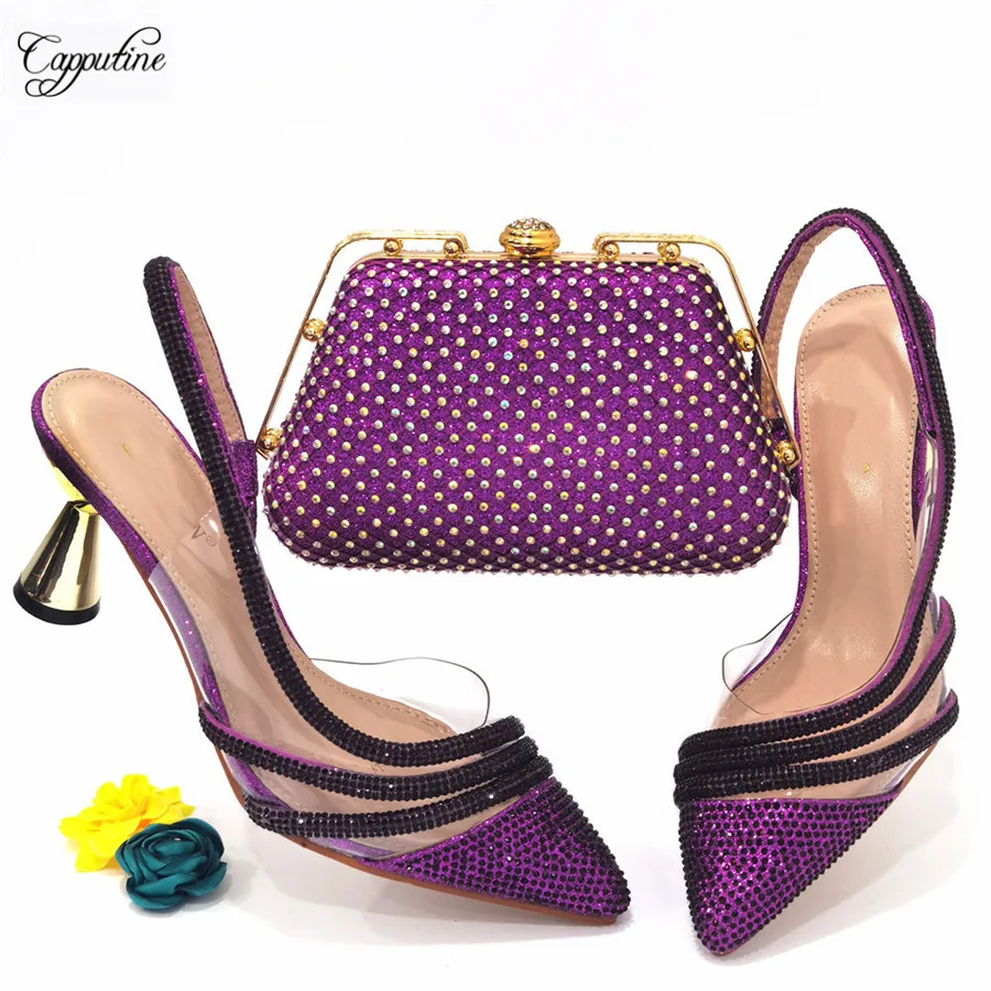 

Purple African Women Shoes And Bag Set Party Ladies Pumps Match With Clutch Handbag High Heels Sandals Sandales Femmes CR333