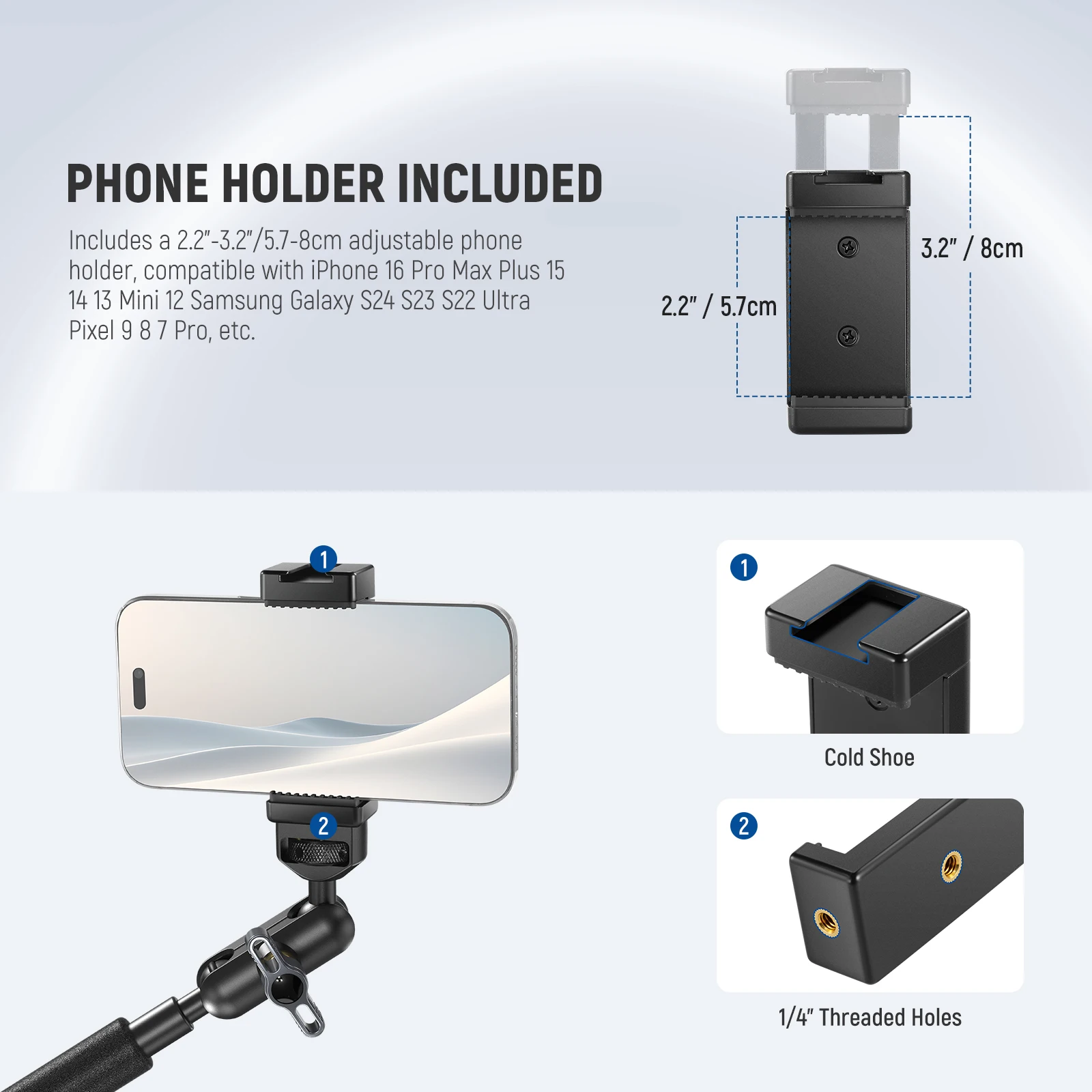 NEEWER 22" Magic Arm mit Klemme, Overhead-Schreibtischkamera, Telefonhalterung, Gelenkarm für iPhone, DSLR, Action-Kamera, Videoleuchte – Detail 7