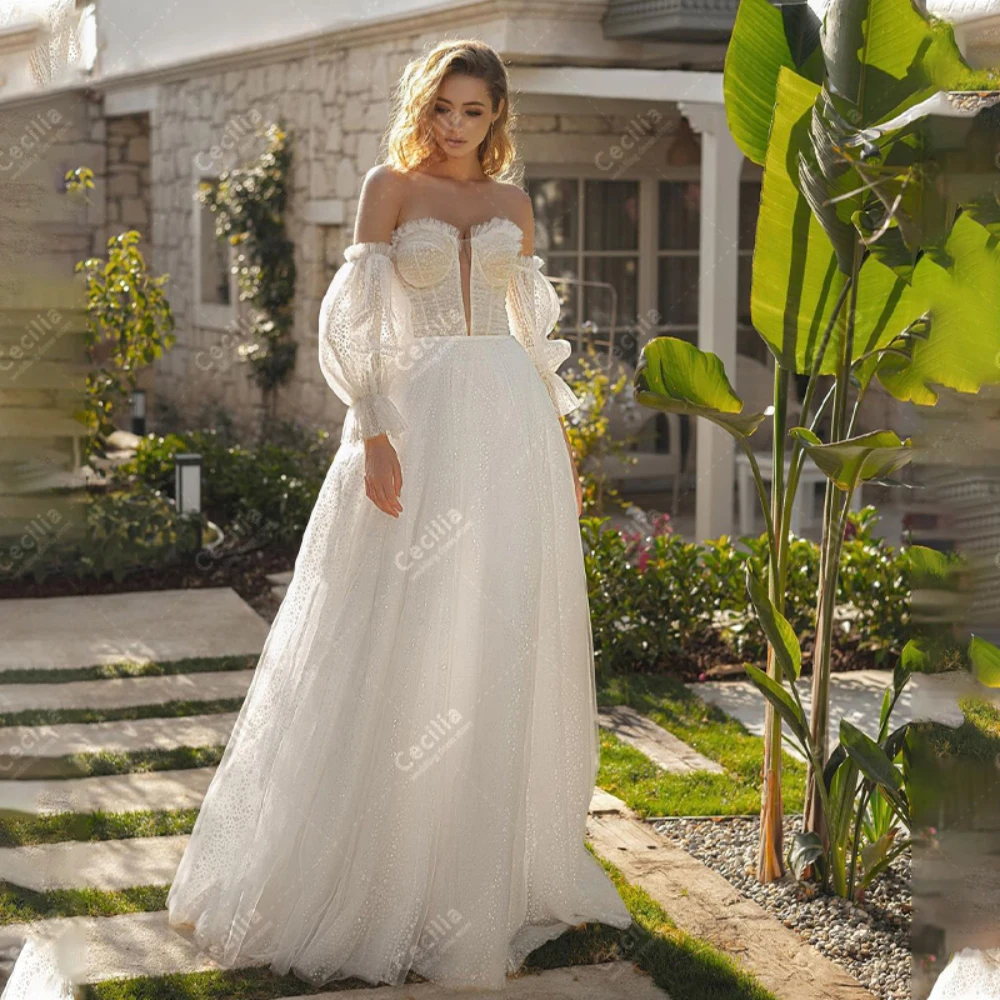 

Graceful Wedding Dresses A-Line Lace Bridal Gowns Off The Shoulder Robes Backless Puff Sleeves Glamorous Vestidos De Novia 2024