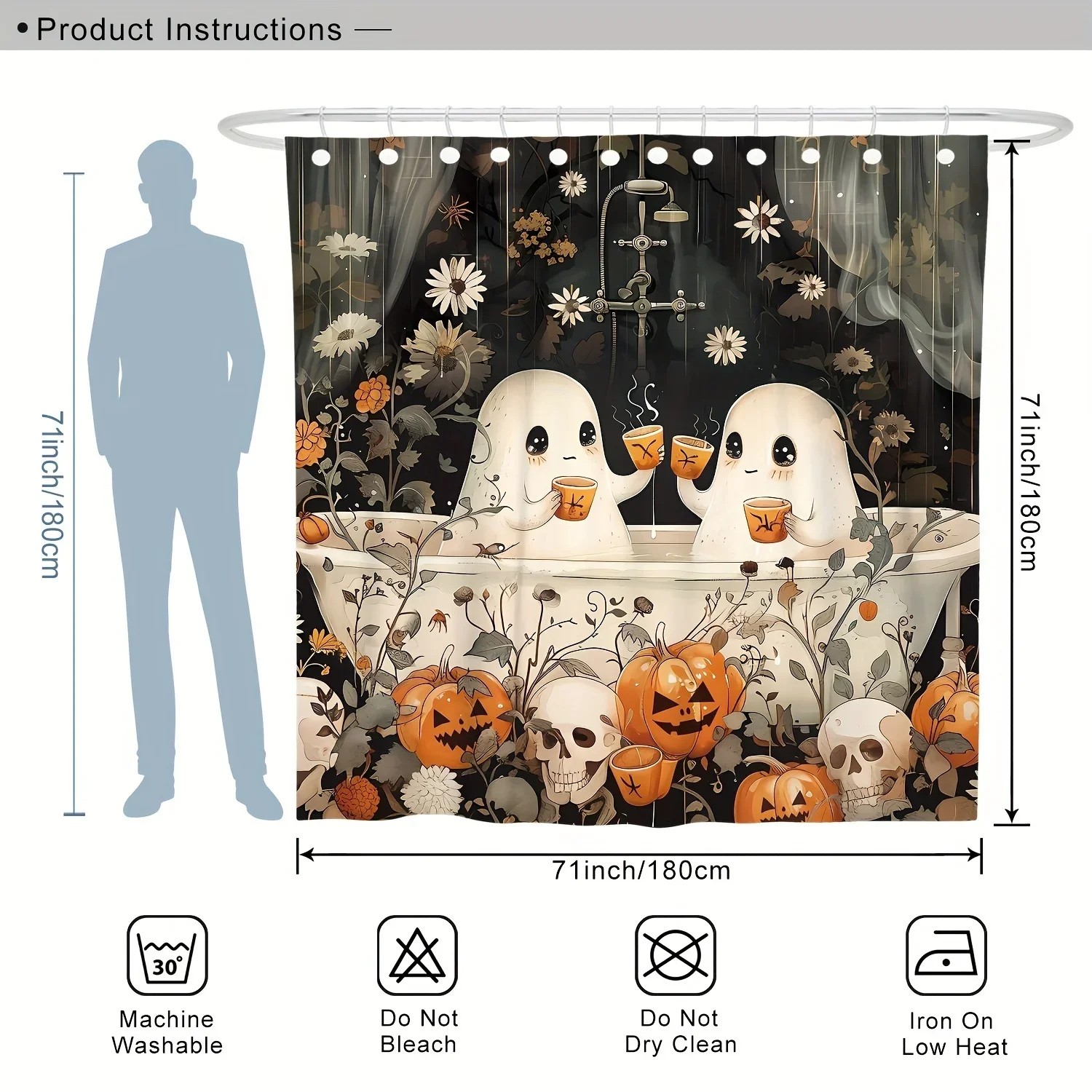 Halloween Ghost Pumpkin Skull Shower Curtain Set with Non-Slip Rugs Polyester Waterproof Horror Bathroom Accessories with12 Hook