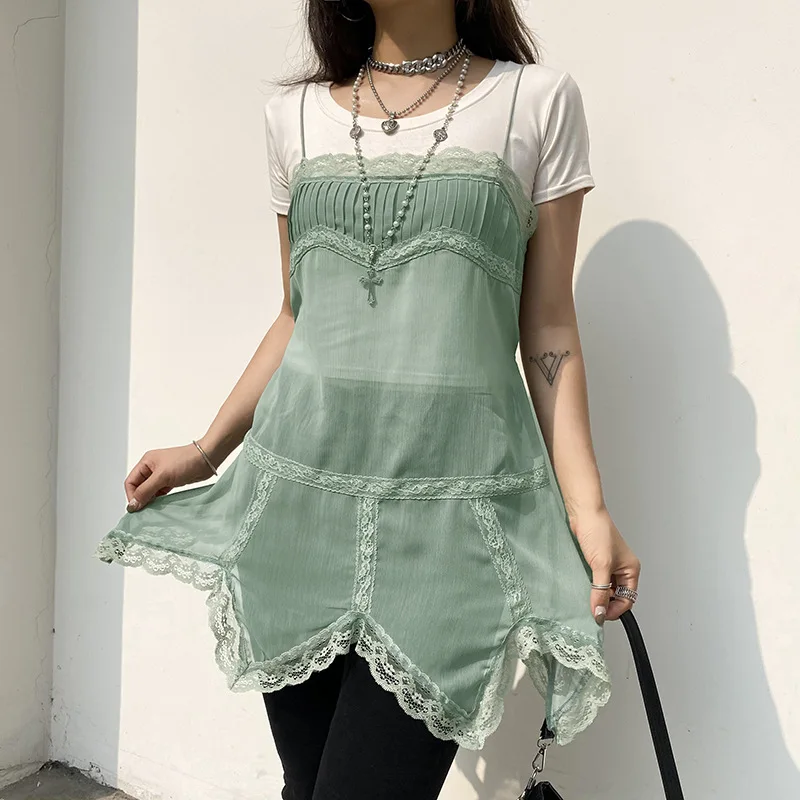 

Retro Hedging One-line Collar A-line Mini Bodycon Dress New Lace Lace Stitching Sexy Chiffon High Waist Suspender Skirt