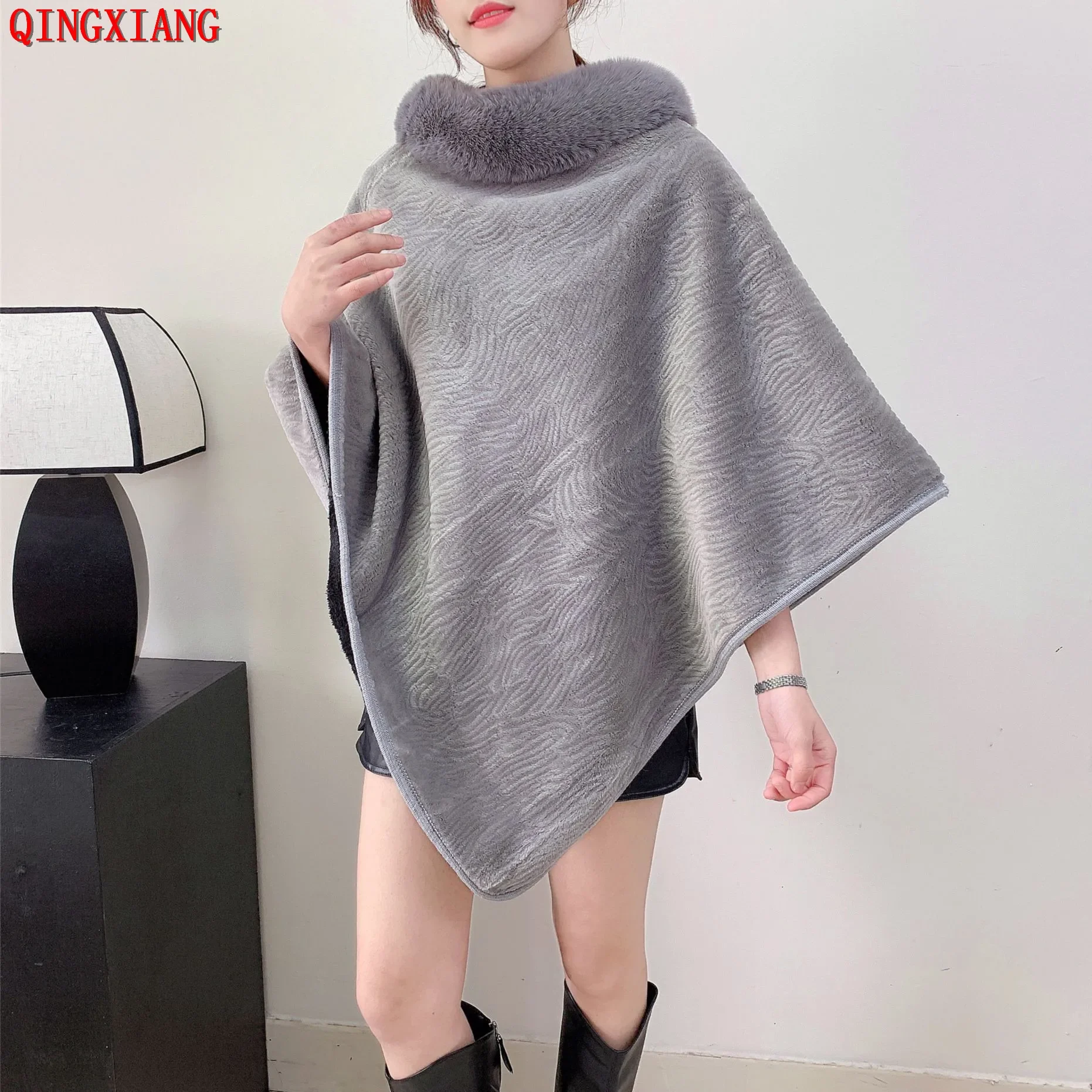 

2023 Velvet Winter Thick Loose Poncho Capes Soild Cloak Women Faux Rabbit Fur Long Triangle Pullover Streetwear Shawl Coat