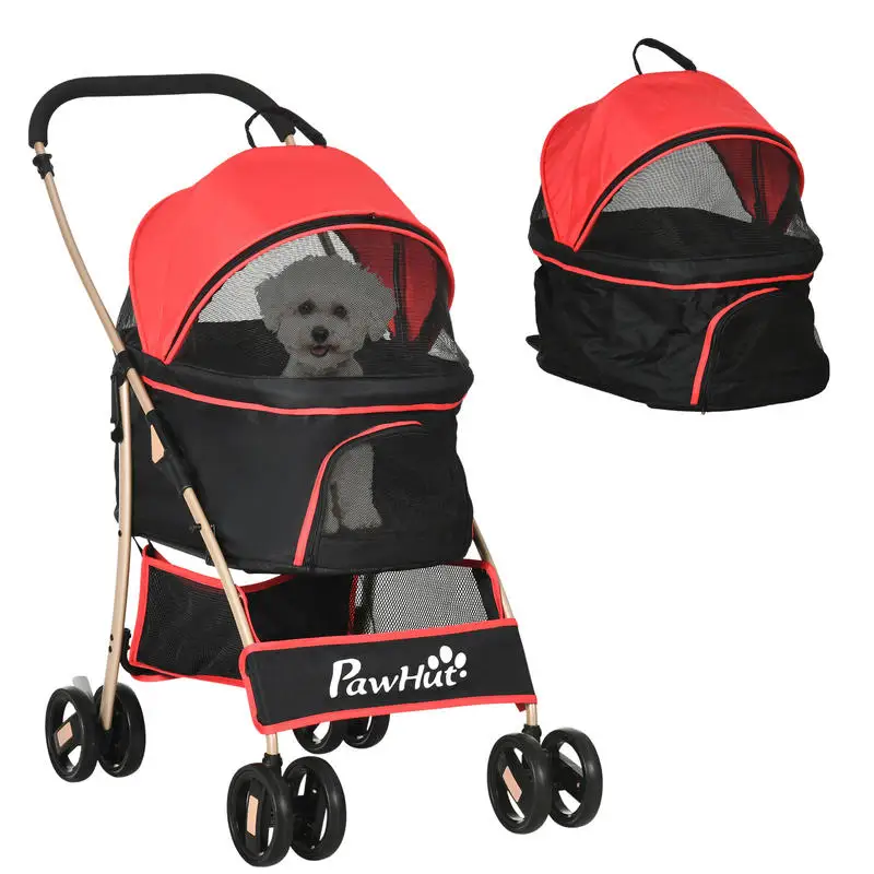 Poussette/chariot pour chien 2-en-1, pliable, 1 panier, 1 sac, 82 cm x 49,5 cm x 98 cm, rouge, pliable avec poches de rangement, idéal pour les sorties en plein air avec votre animal.