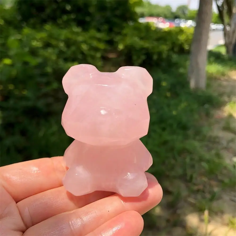 Natural Rose Quartz Bear Statue Cartoon Faceted Carving Animal Healing Mineral Polished Home Decor Ornament Figurine