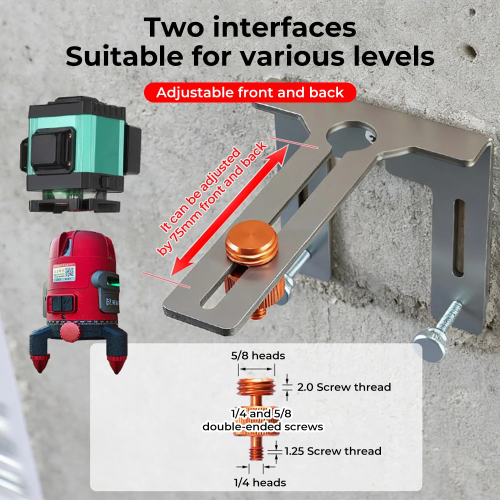 Stainless Steel Laser Level Holder, 4-Side Adjustable Laser Level Wall Bracket Suitable for levels with 5/8 and 1/4 interfaces