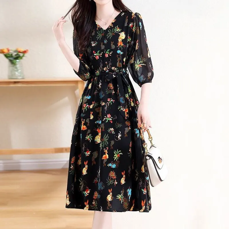 Women\'s Clothing Casual Printed Midi Dress Vintage A-Line Spring Summer New 3/4 Sleeve Fashion V-Neck Elegant Drawstring Dresses