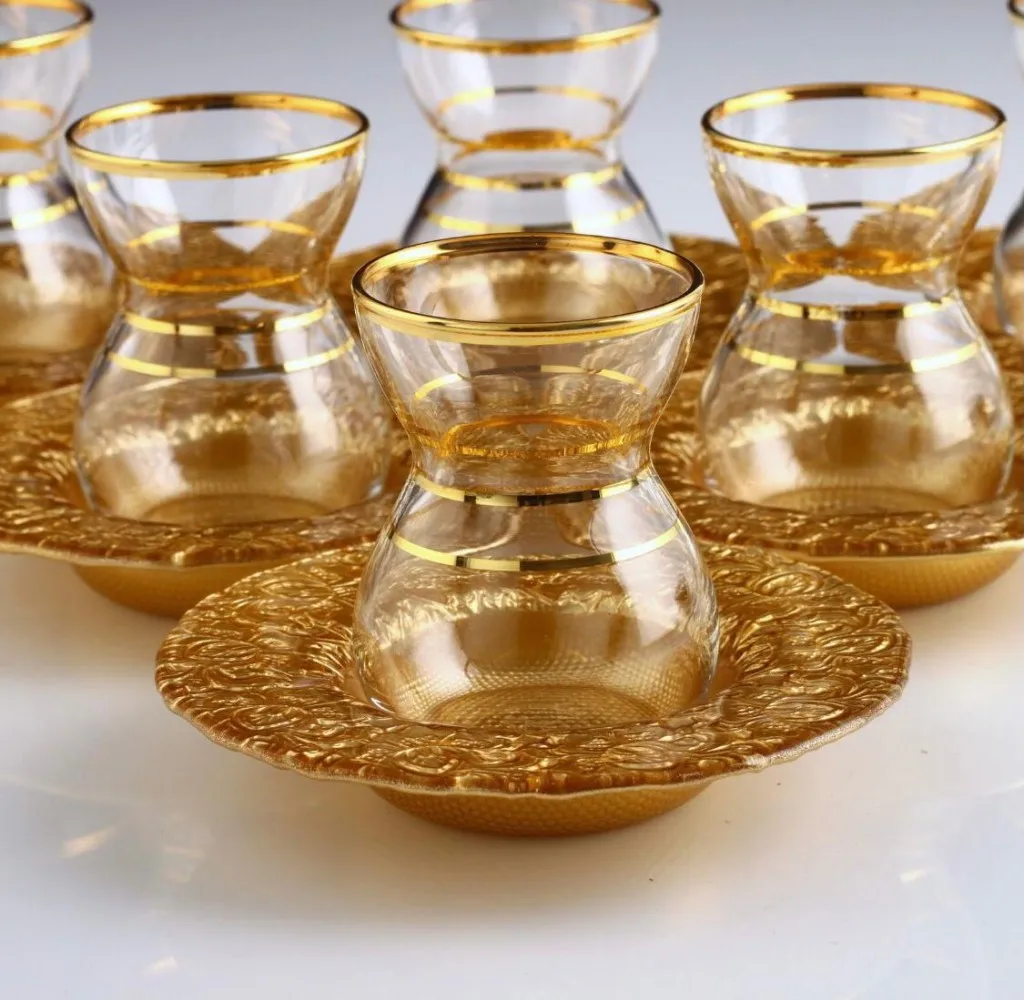 LaModaHome Turkish Arabic Tea Glasses Set of, Fancy Vintage Handmade Set for Serving, Teatime, new Home Wedding Gift--> Gold Colo