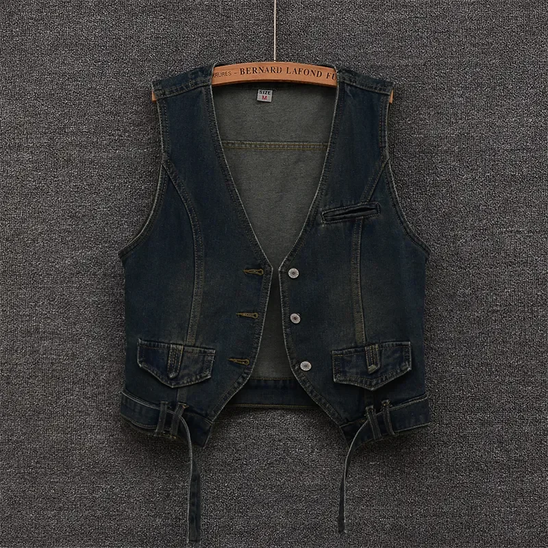 

Vintage Denim Vest Women Summer New Fashion V-Neck Short Sleeveless Jacket Jeans Waistcoat Female Casual Loose Thin Tops T1345