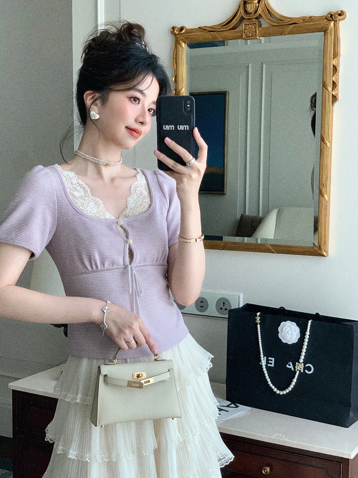 

Sweet Style Knitted Lace V-Neck Short Sleeve T-Shirt Women's Summer Breathable Comfortable Fashionable Chinese Brand MYL062008