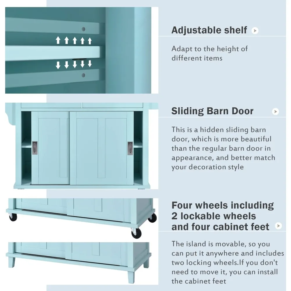 جزيرة المطبخ المتنقلة الجديدة 52.2 بوصة مع أوراق قطرة من الخشب المطاطي وعجلتين قابلين للقفل، رف توابل لباب الحظيرة المنزلق المخفي #3