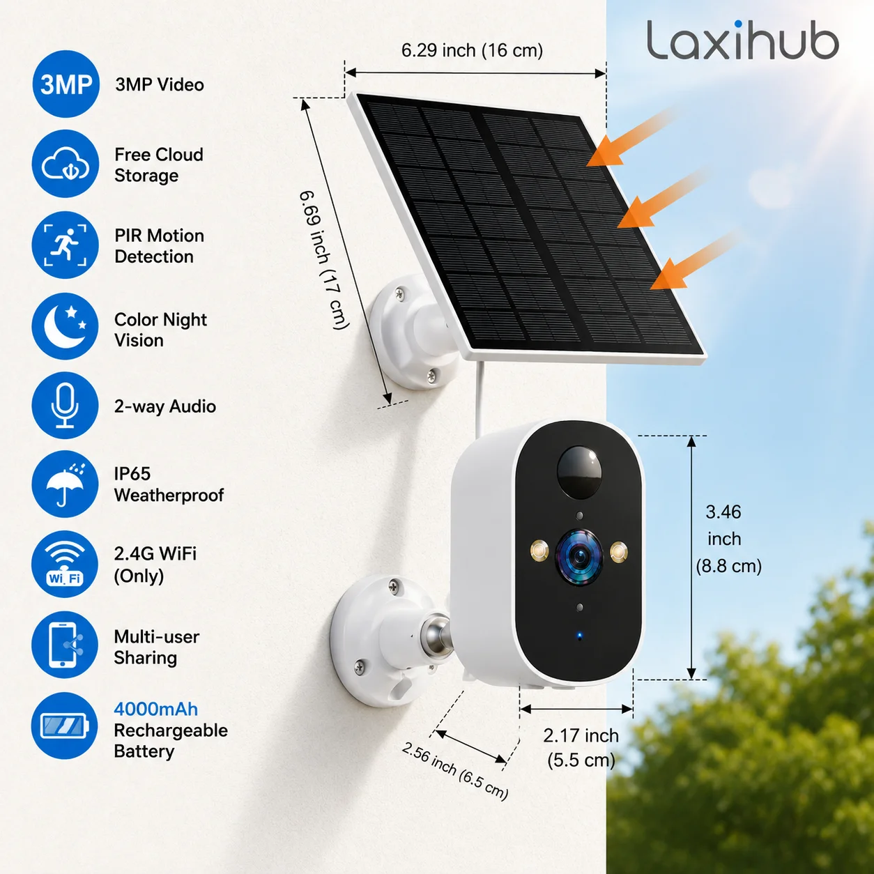 

Solar Security Camera, 4000mAh Battery + 2.5W Panel, 1-Month Standby, IP65 Waterproof for Outdoor