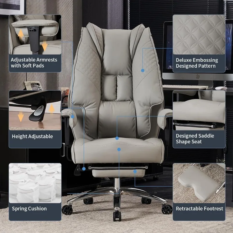 Big and Tall Office Chair 400lbs Wide Seat, Leather High Back Executive Office Chair with Foot Rest, Ergonomic Office Chair