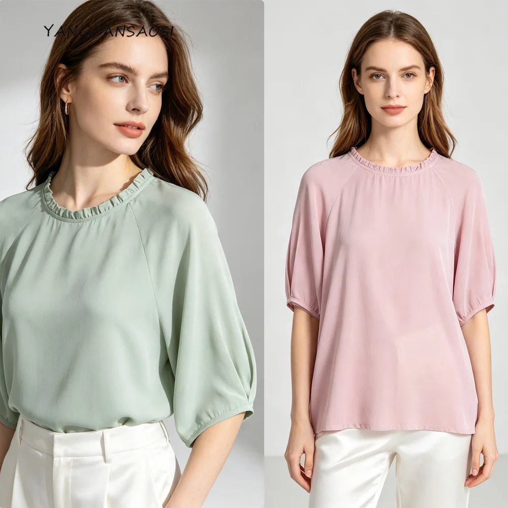 Women's Casual Summer New 100% Natural Mulberry Silk Crepe De Chine Fungus Collar Short Sleeved Cool Refreshing Simple T-shirt