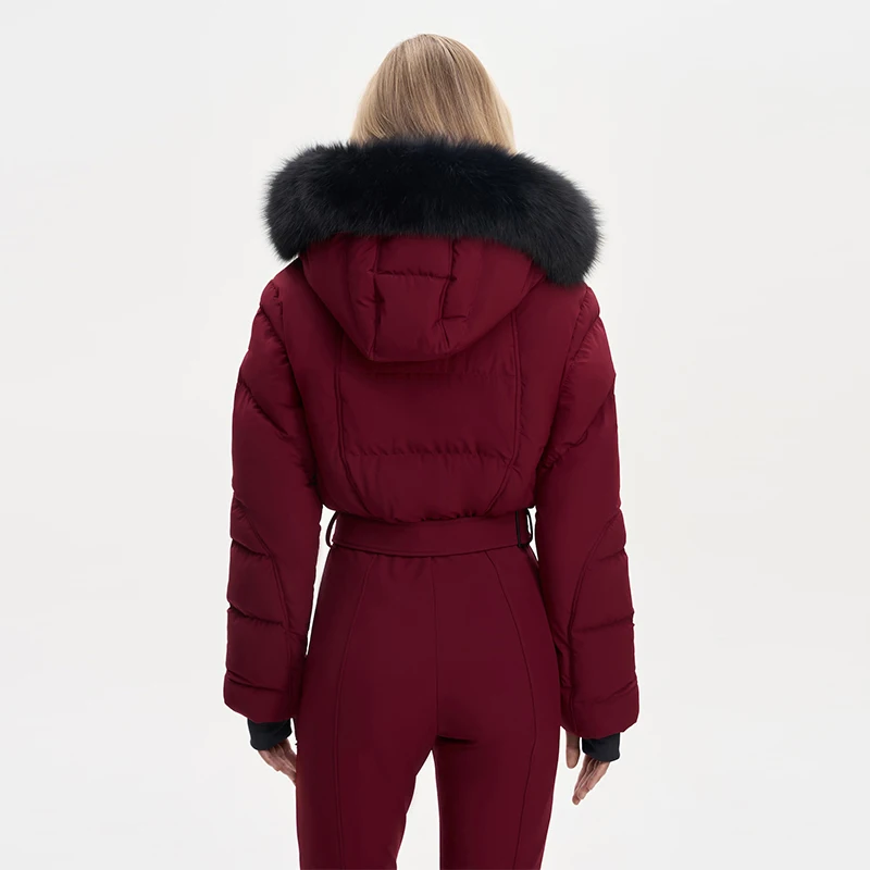 Verdickter einteiliger Skianzug für Damen, Kunstfell, mit Kapuze, Quasten, Mantel, hoher Taillengürtel, Overall, 2022, Winter, winddicht, wasserdicht, Skibekleidung – Detail 9