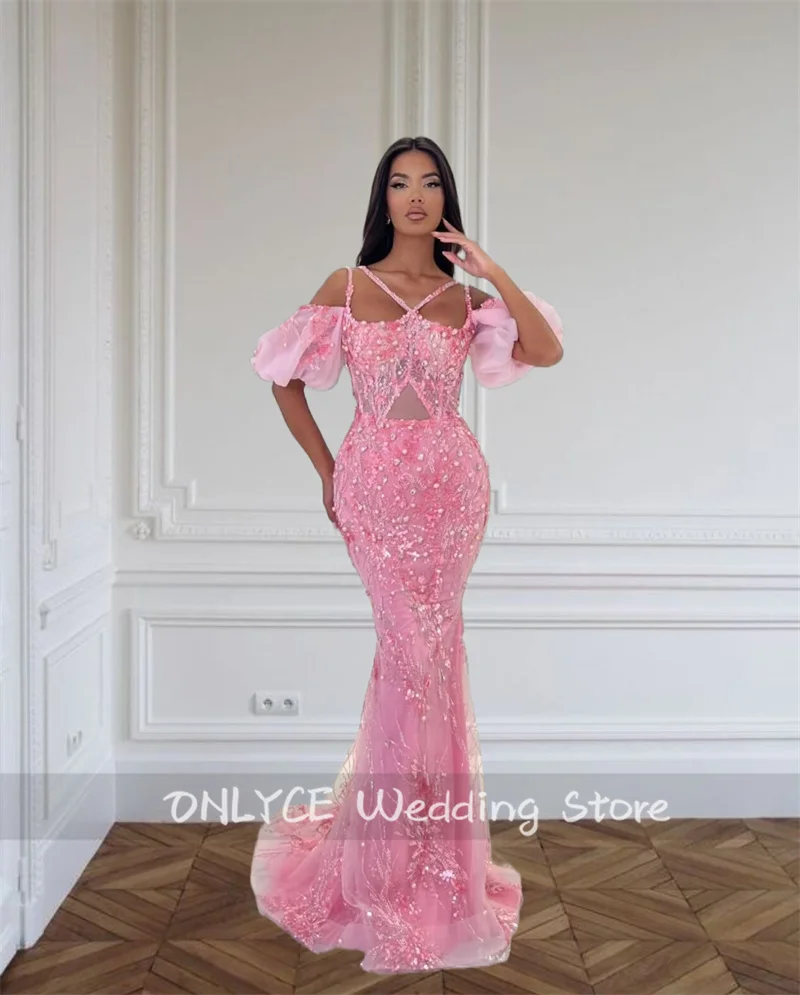 

Luxury Mermaid Pink Evening Dresses Crystal Beads Diamonds Pearls Exquisite Satin Elegant Wedding Party Prom Gowns Vestidos