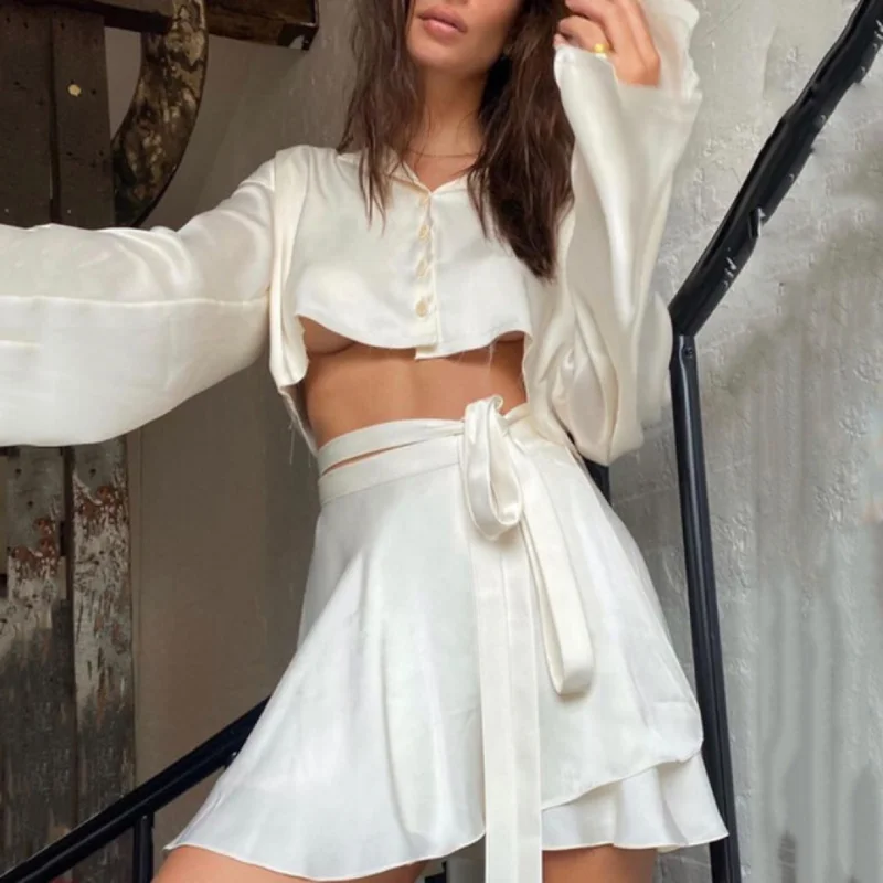 Satin Set Summer New Women's Solid Color Sexy High Waist Lace Cover Up Short Skirt Long Sleeve Button Cardigan Top Set