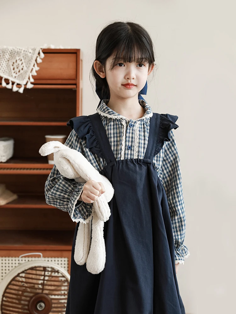 Girls' Shirt Long Sleeve Spring and Autumn Youth Children's Wear Checkerboard Vintage Top Strap Dress Baby Girl Clothes 7-12y