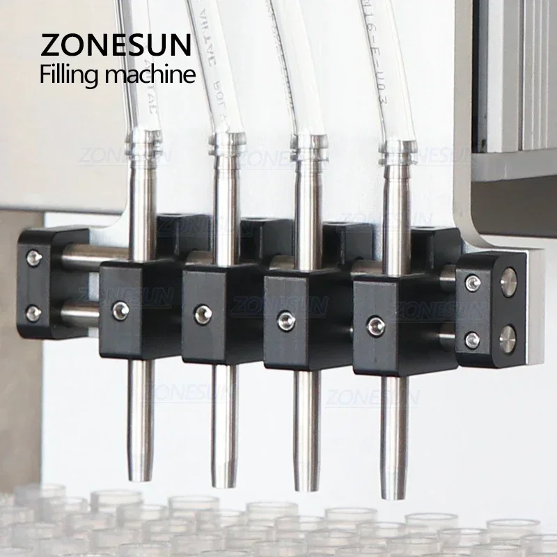 ZONESUN ZS-XYZ4 Macchina di rifornimento di liquidi 4 teste Pompa a stantuffo in ceramica Tubo per fiale Agenti chimici Linea di produzione di imballaggi