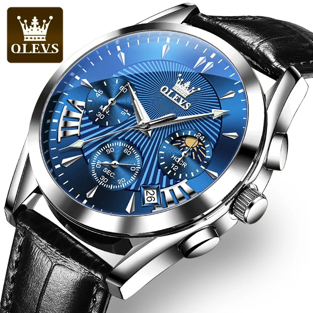 OLEVS Leather Men's Watch Sports Watches For Men Wrist Watches Blue Calendar Moon Phase Clock erkek kol saati relogio masculino