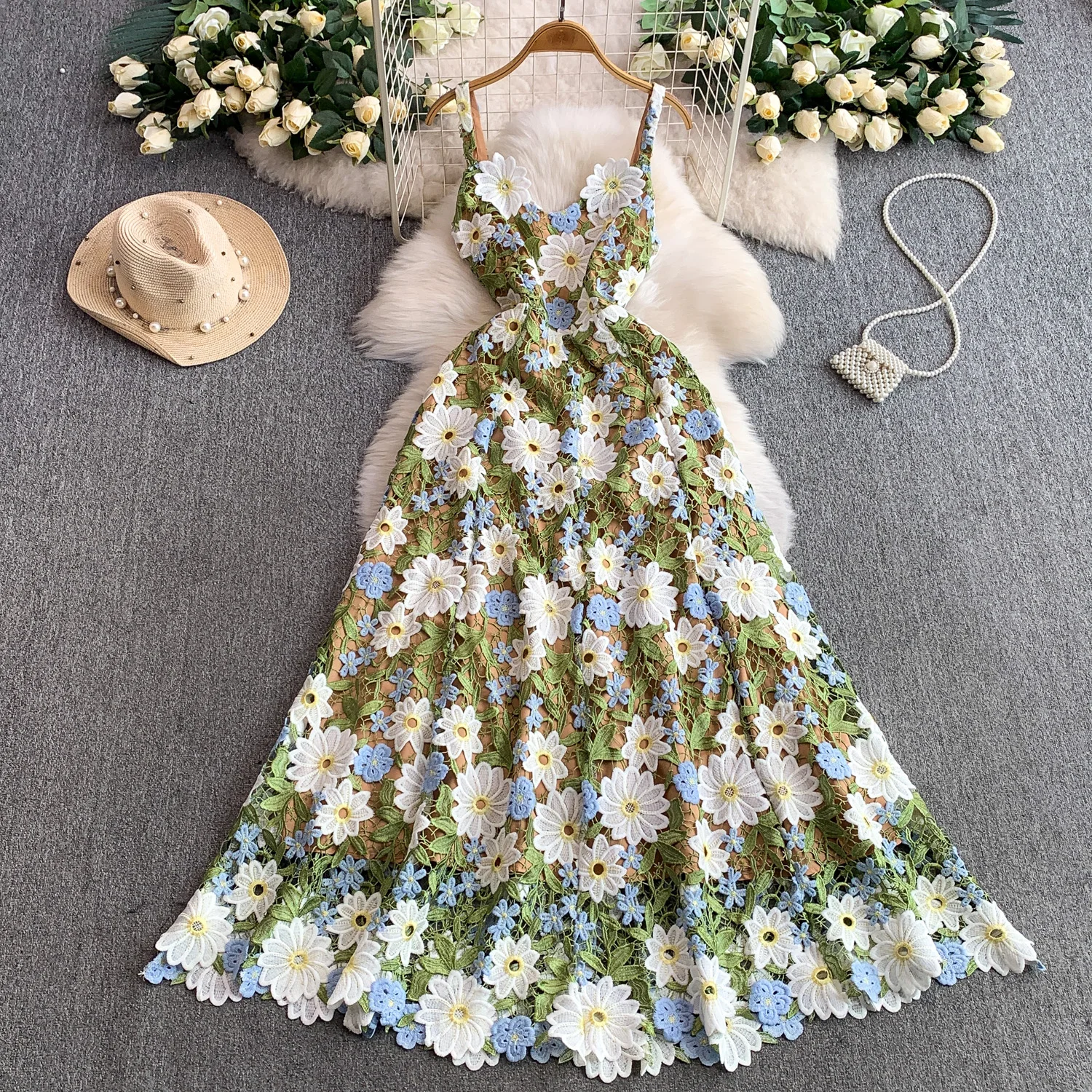 أنيقة خمر الدانتيل الأزهار Ruched الجوف خارج أنيقة الجنية الكورية أزياء بوهو فستان الشمس النساء الملابس فستان طويل