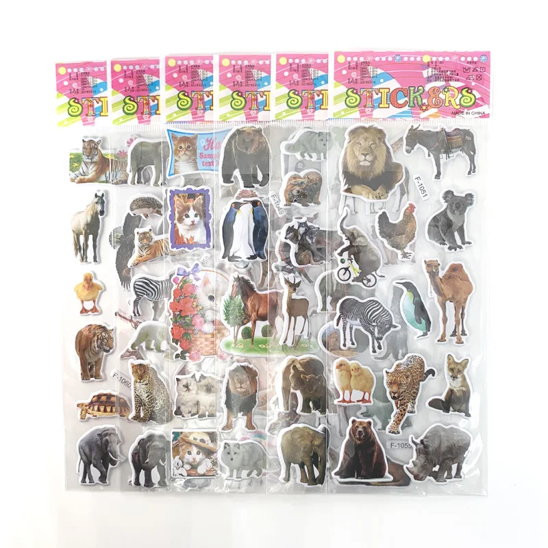 12 Sheets Wild Animals Style Stickers 3D Cartoon Classic Toys Scrapbook Learning Cognitive Sticker for Kids Gift