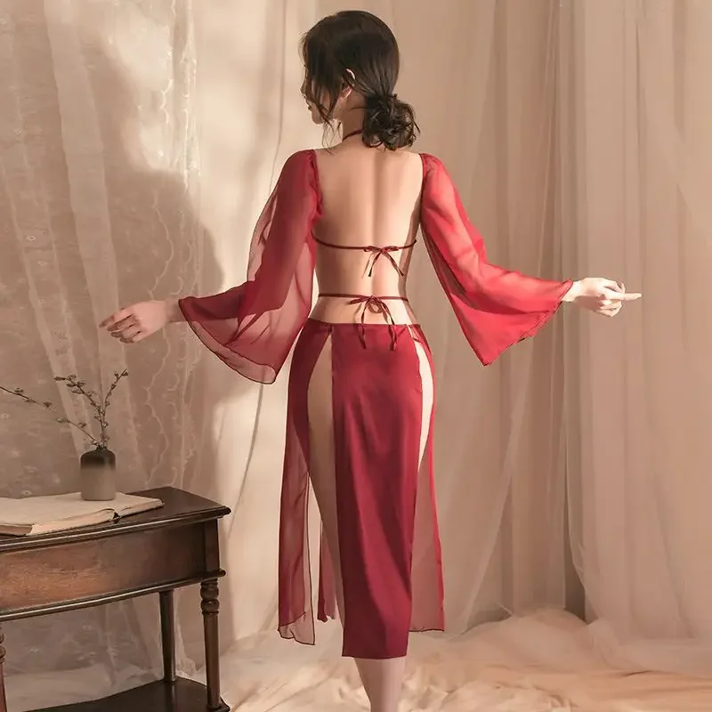 Chinese Hanfu Costumes Porno Stage Show Sexy Lingerie See Through Mesh Nightgowns Classical Nightdress Hanfu Cosplay Allure Suit