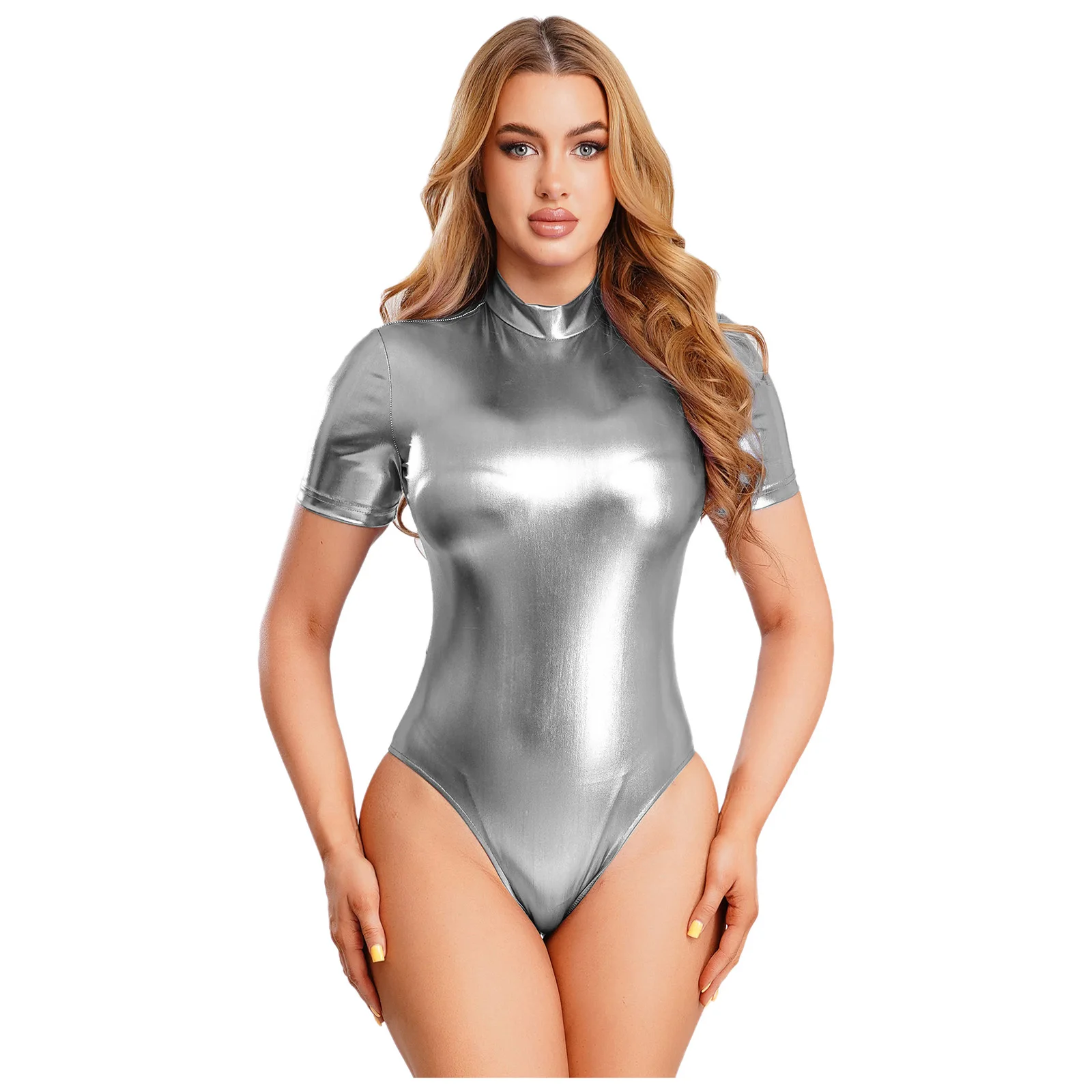 

Women Shiny Pole Dancing Bodysuit Back Hidden Zipper Short Sleeve Bodycon Leotard for Nightclub Jazz Dance Beach Gymnastics Wear