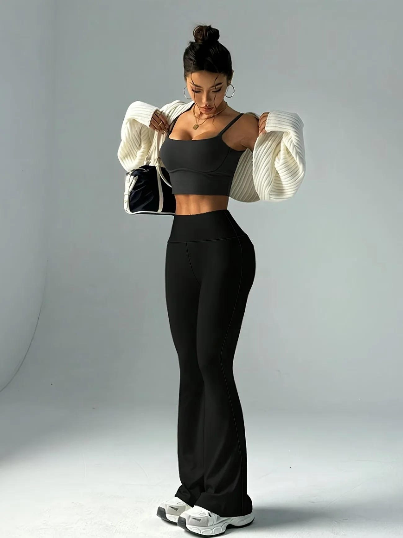 

Однотонные расклешенные брюки, повседневные широкие брюки с высокой талией, подходящие для весны и осени, женская одежда больших размеров, леггинсы